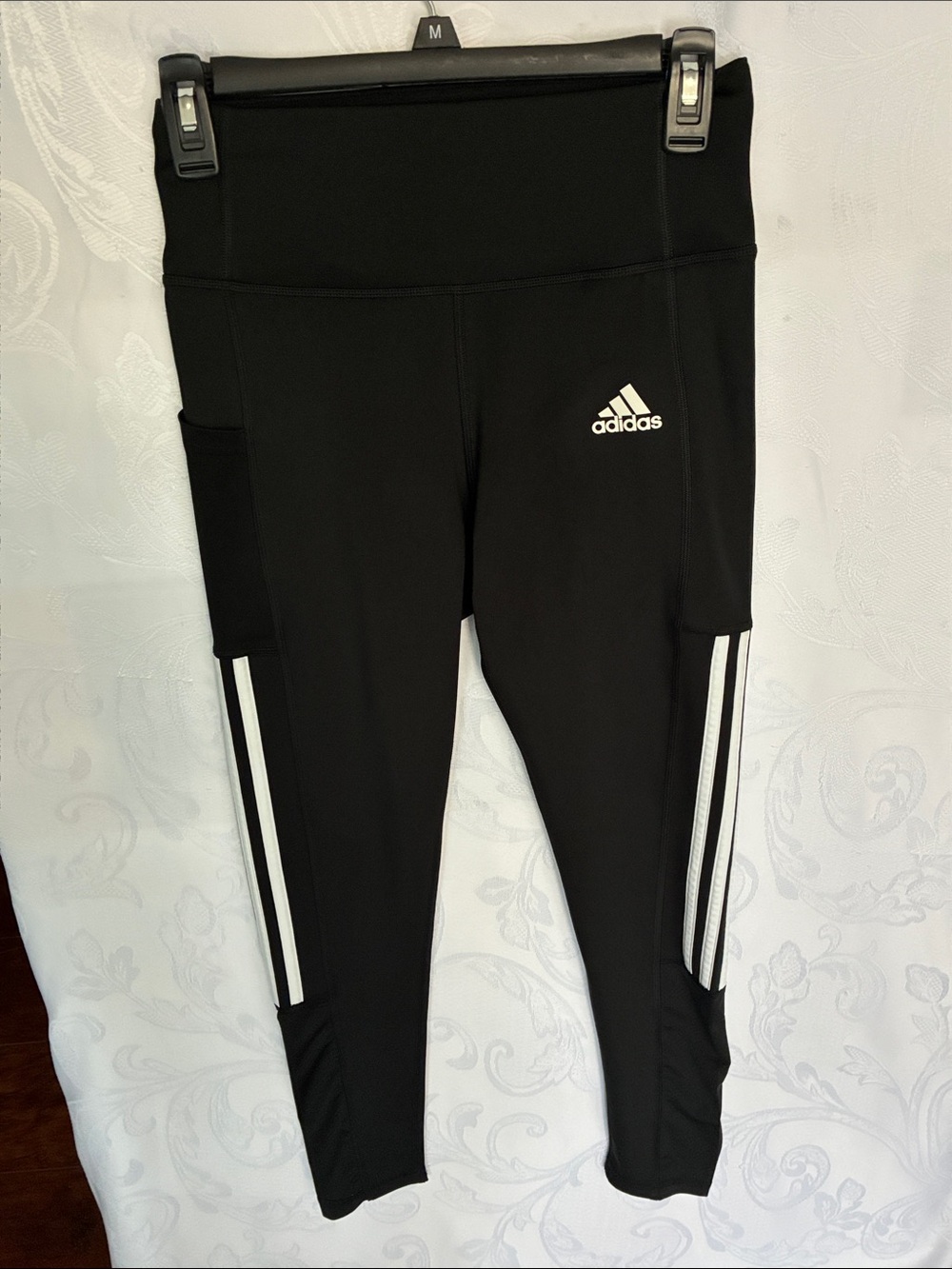 adidas Black Leggings with White Stripes and Logo